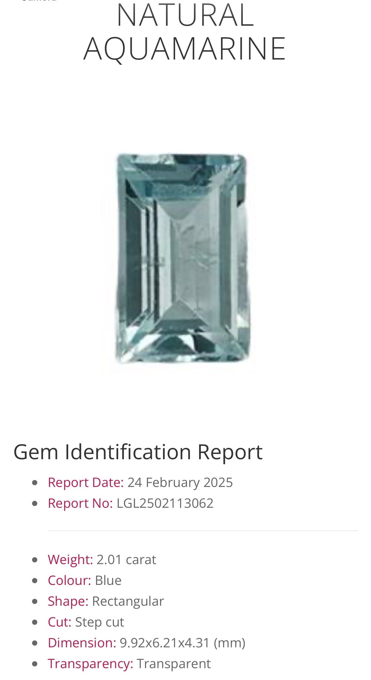 2.01ct Natural Aquamarine – Emerald Cut Blue Gemstone (Certified)