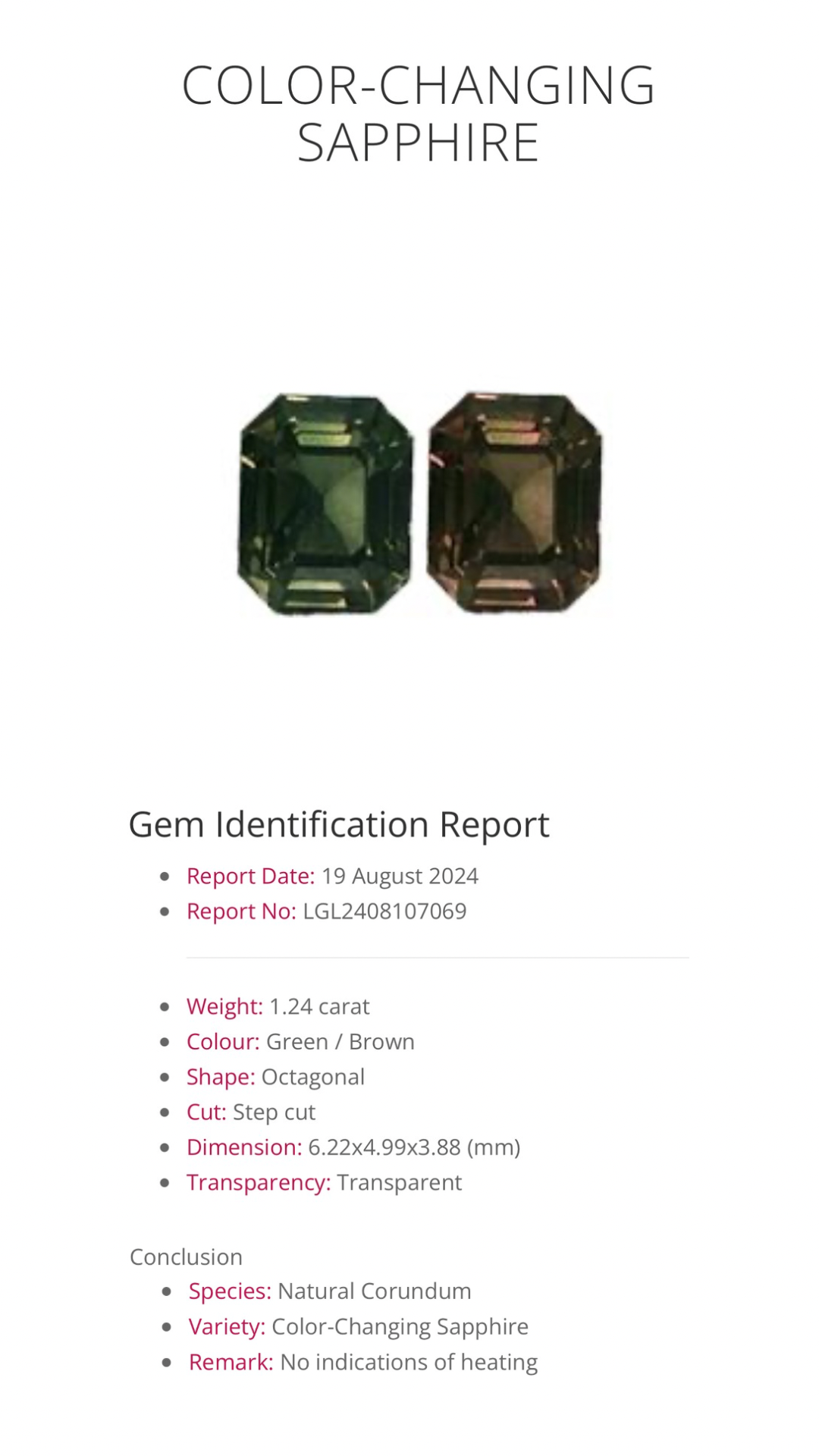 Natural Colour Changing Sapphire | 1.24ct | Octagonal Step Cut | Change from Green to Brown | GIA alumni lab report provided