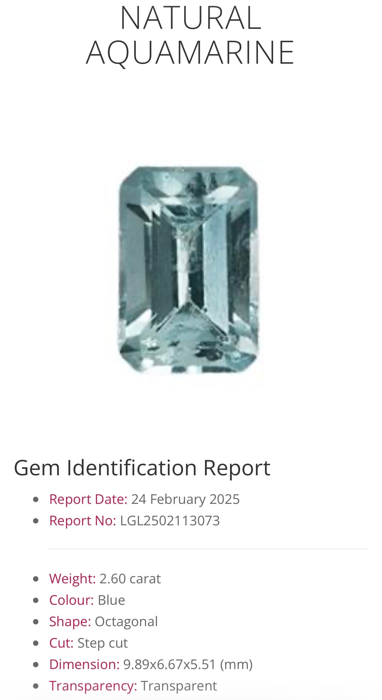 2.60 Ct Natural Aquamarine – Blue Octagon Step Cut (Certified) 9.89 x 6.67 mm