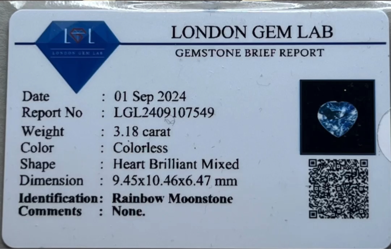 Natural Rainbow Moonstone | 3.18ct | Heart Shape | GIA Alumni Lab Report Included