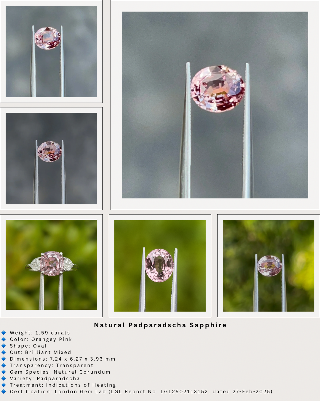 Certified 1.59ct Padparadscha Sapphire – Orangey Pink Oval Cut | Heated | Natural Corundum
