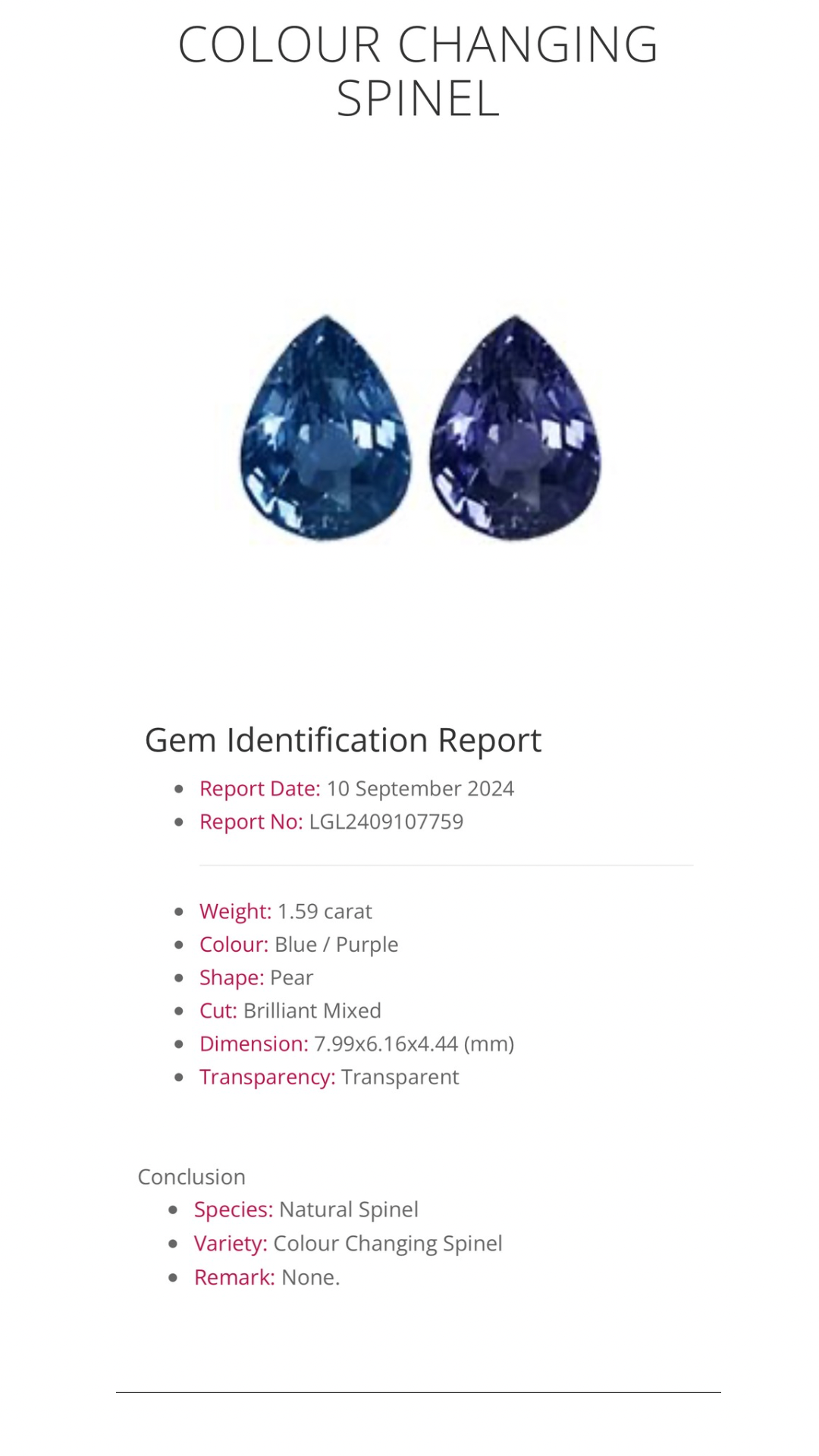 Spinel | Colour changing effect | 1.59ct | Loop clean gemstone | Free GIA alumni lab report