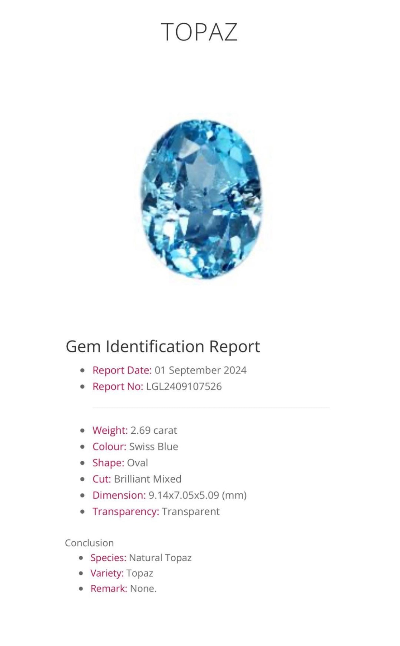 Natural Topaz | 2.69ct | Oval shape | December Birthstone | GIA Alumni lab report provided