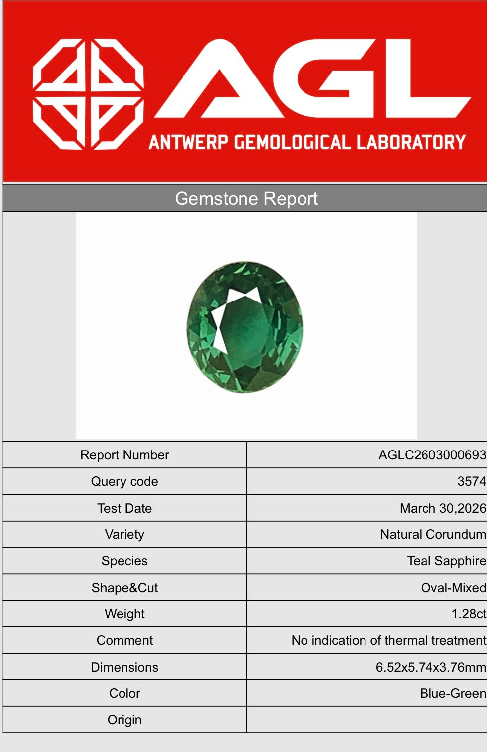 1.28ct Natural Teal Sapphire (Unheated, AGL Certified) – Oval Blue-Green Loose Gemstone