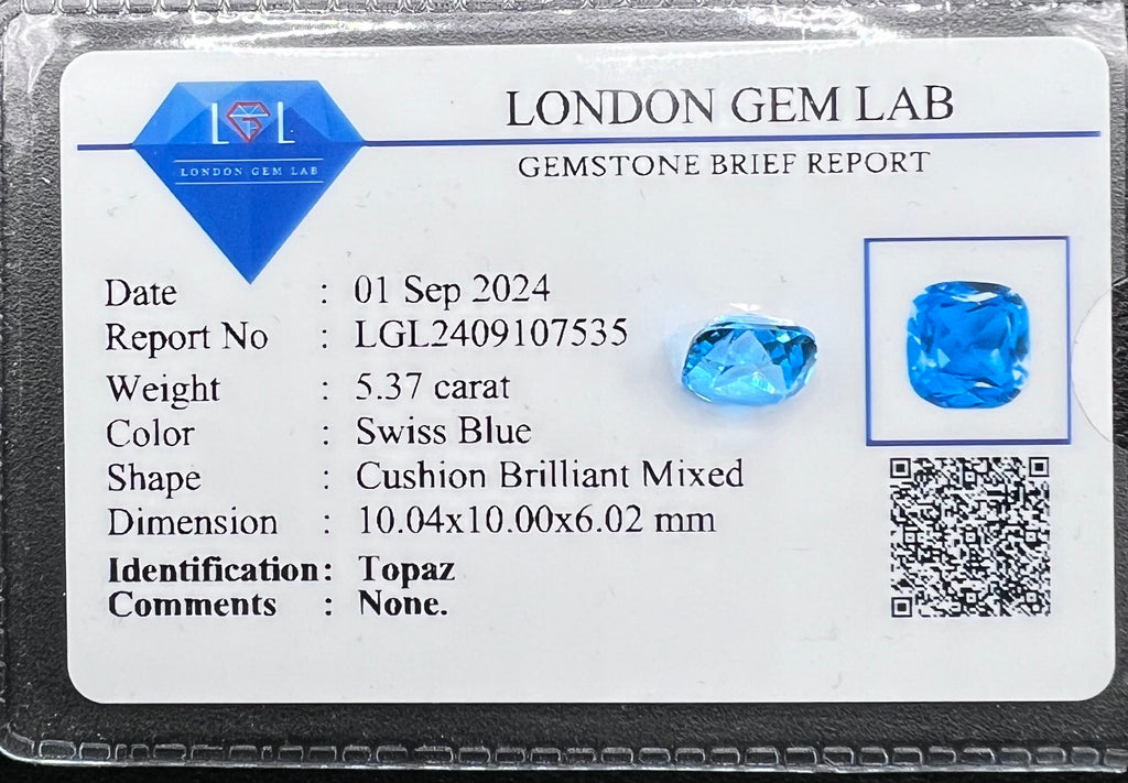 Natural Topaz | 5.37 ct | Swiss Blue Colour | Cushion Brilliant Mixed |
Dimension: 10.04x10.00x6.02 mm | GIA Alumni Lab Card Provided
