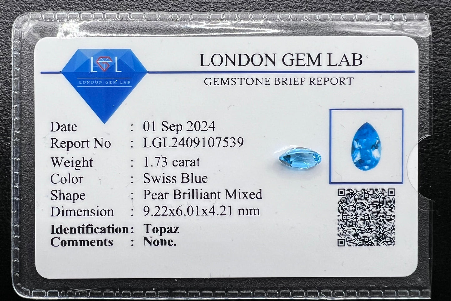 Natural Topaz | 1.73 ct | Swiss Blue Colour | Pear Brilliant Mixed |Dimension: 9.22x6.01x4.21 mm | GIA Alumni Lab Report Provided