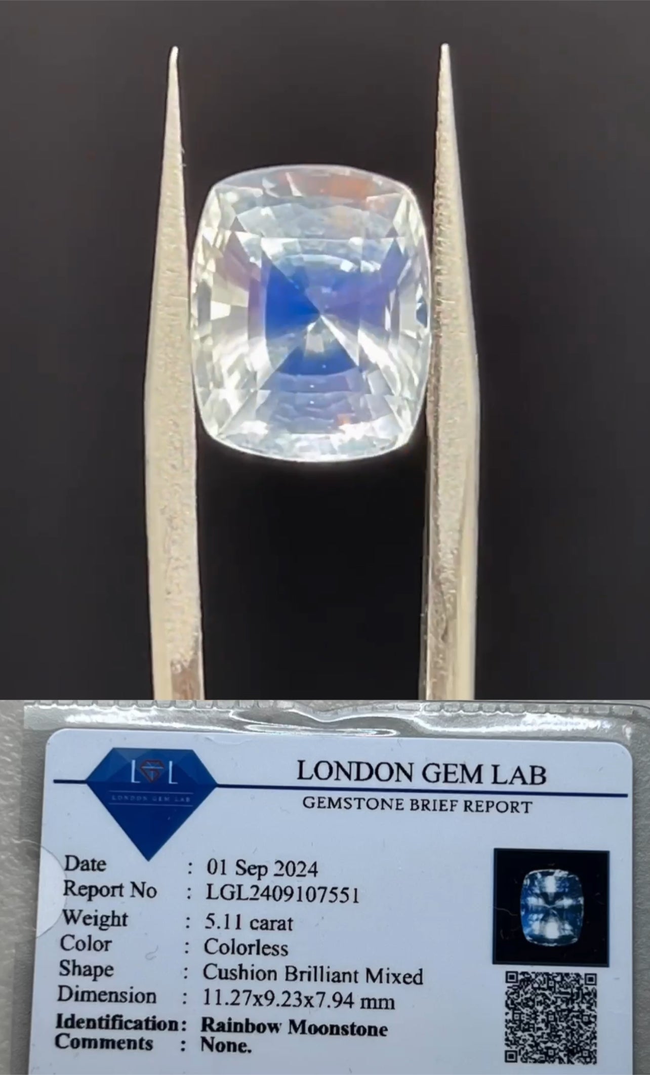 Natural Rainbow Moonstone | 5.11ct | Cushion shape | GIA alumni lab report included