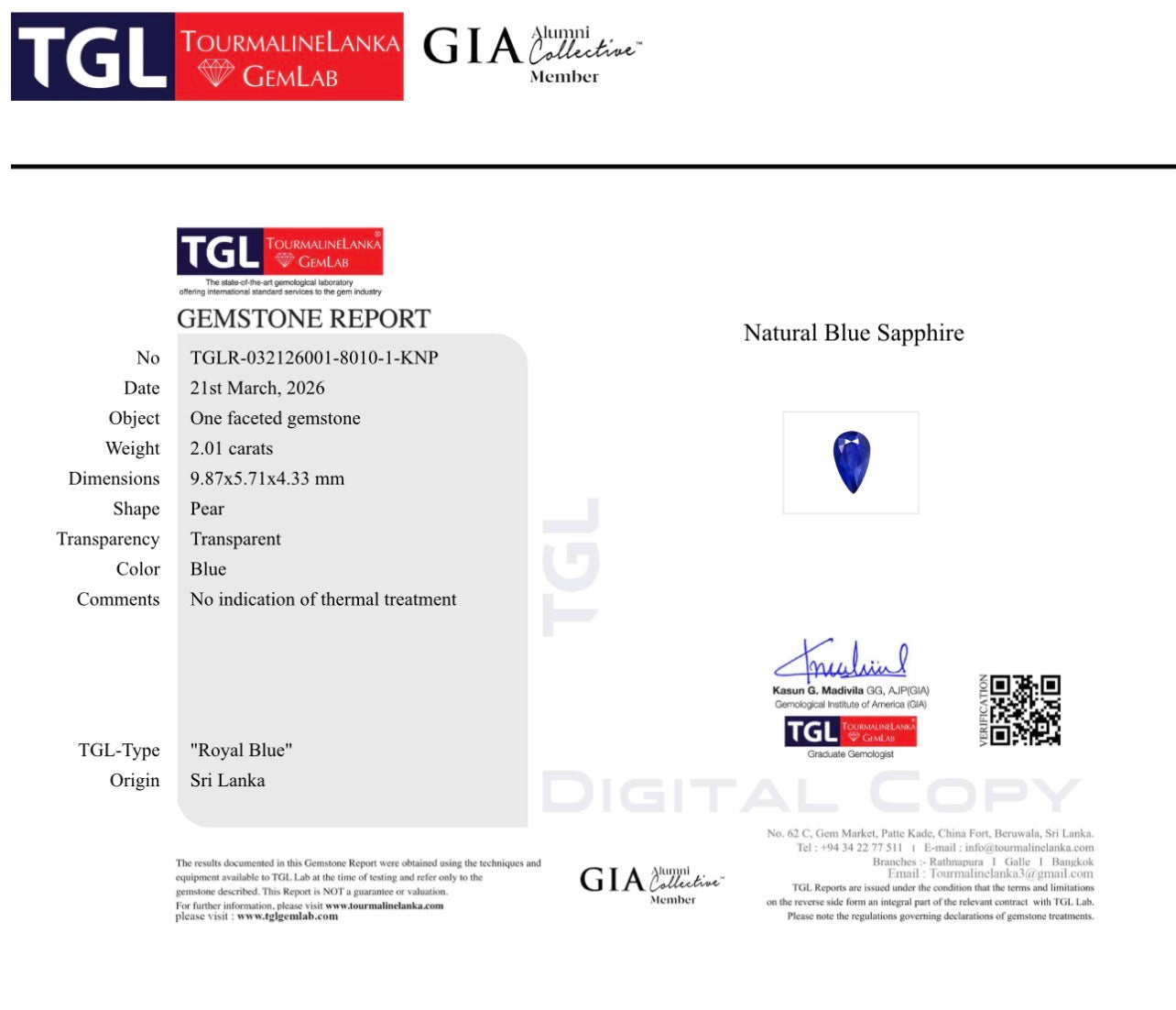 Natural Royal Blue Sapphire 2.01 ct Pear Cut | No Heat | Sri Lanka Certified