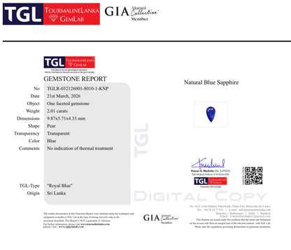 Natural Royal Blue Sapphire 2.01 ct Pear Cut | No Heat | Sri Lanka Certified