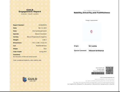 Natural Padparadscha Sapphire | 1.56 ct | Certificate provided | Oval Shape