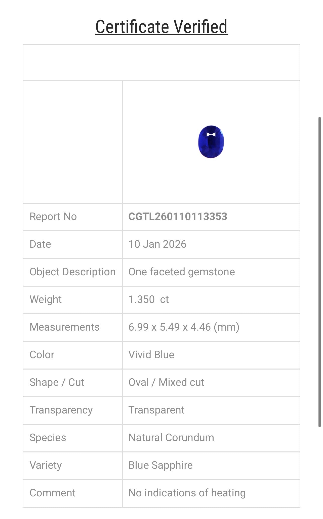 1.35ct Natural Blue Sapphire (No Heat) – Vivid Blue Oval Cut | Certified Gemstone
