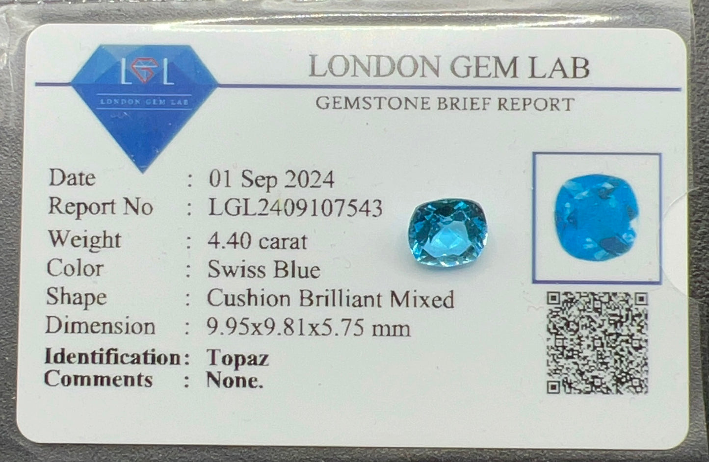 Natural Topaz | 4.40 ct | Swiss Blue Colour | Cushion Brilliant Mixed |9.95x9.81x5.75 mm | GIA Alumni Lab Report Provided