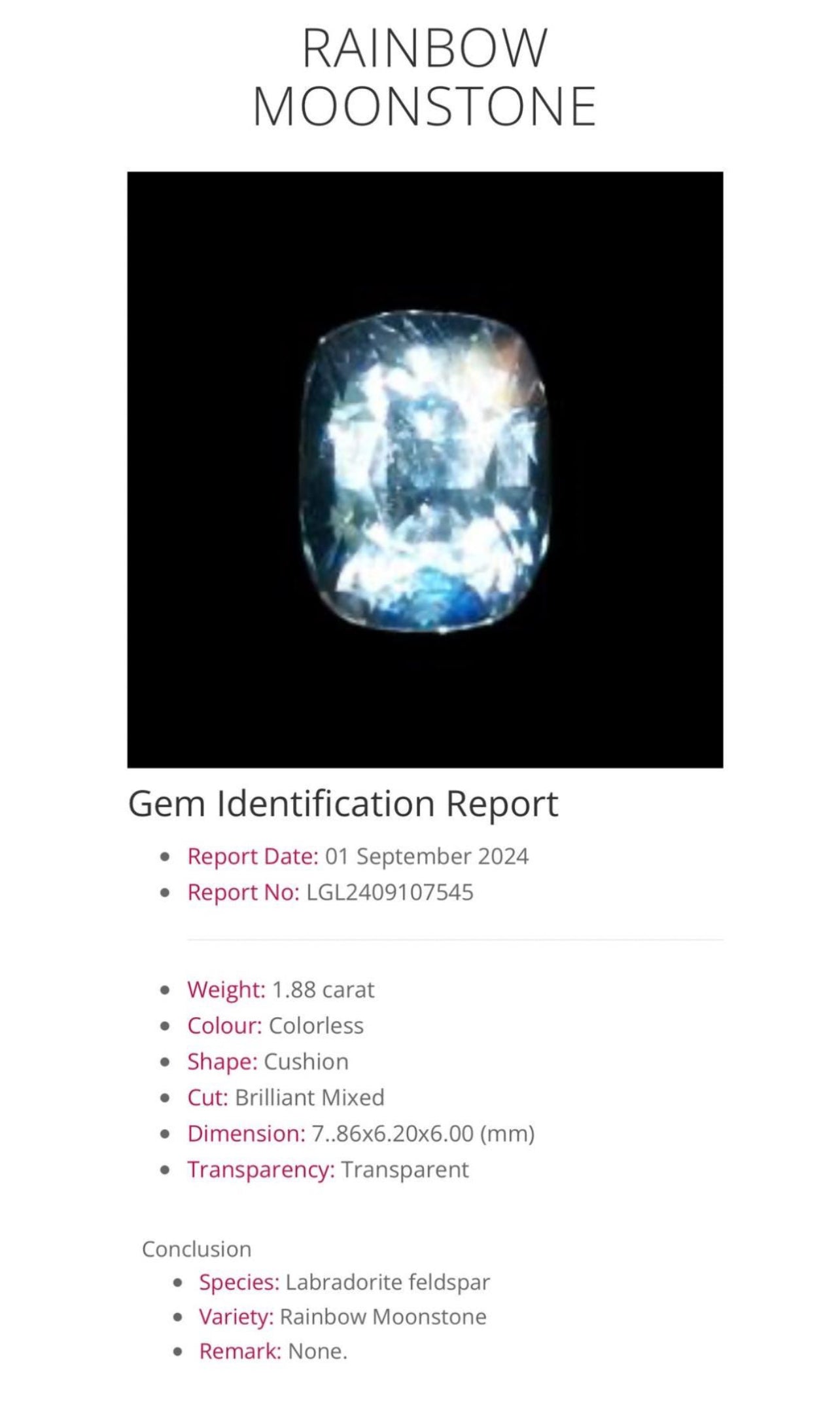 Natural Rainbow Moonstone | 1.88ct | Cushion Brilliant Mixed| GIA alumni lab card included