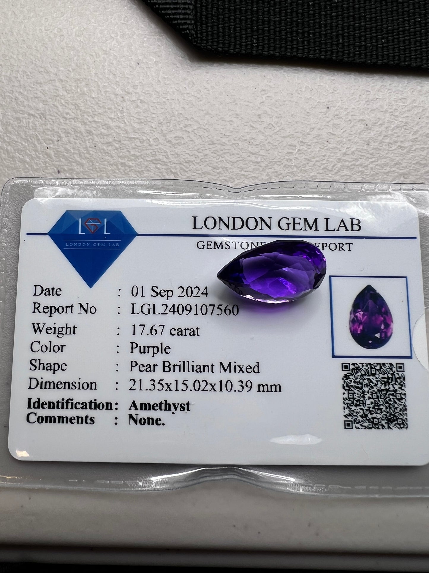 Natural Amethyst | 17.67 ct | Colour: Purple | Shape: Pear Brilliant Mixed
GIA Alumni Lab report provided