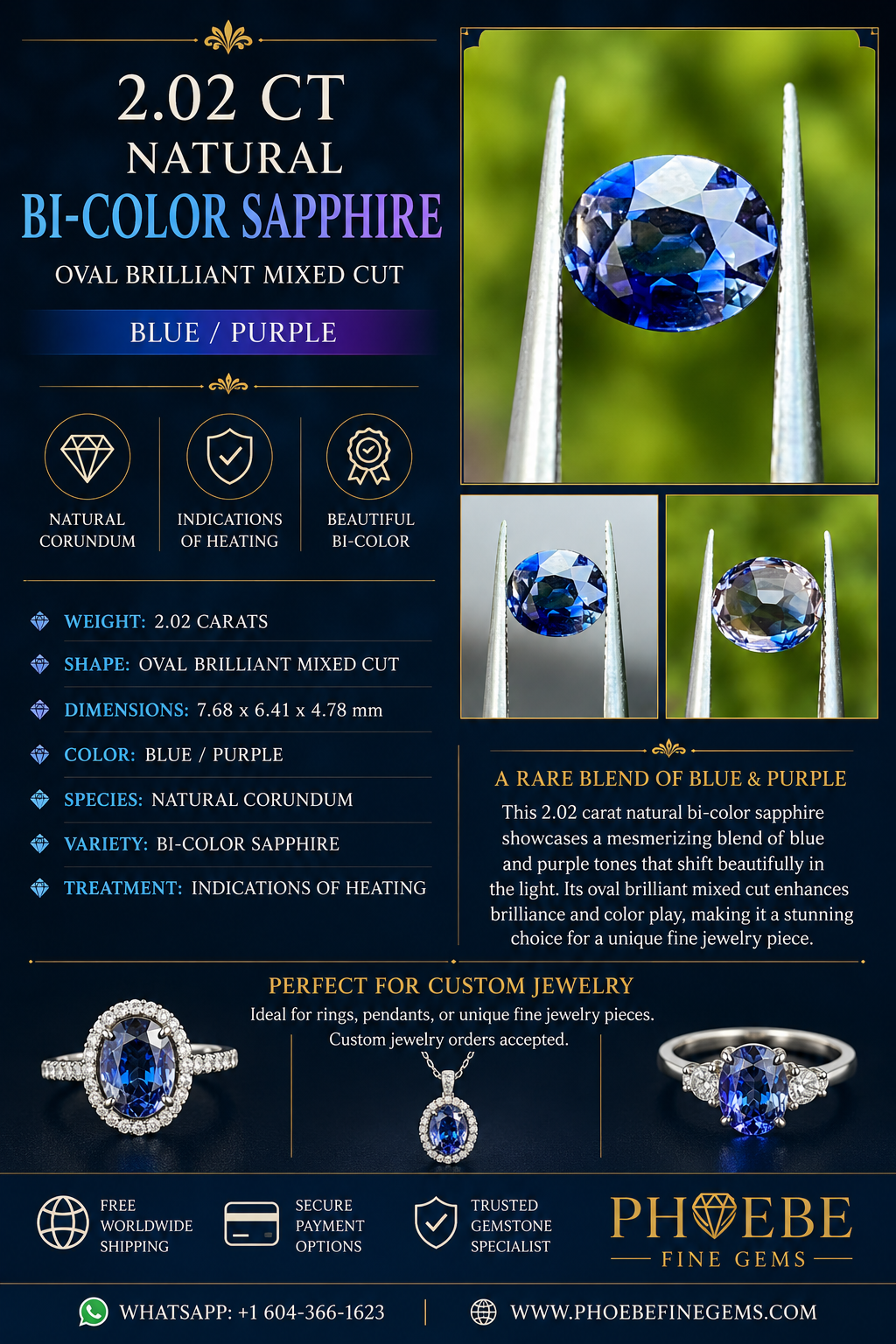 2.02 Carat Bi-Color Blue/Purple Sapphire – Natural Corundum – Certified