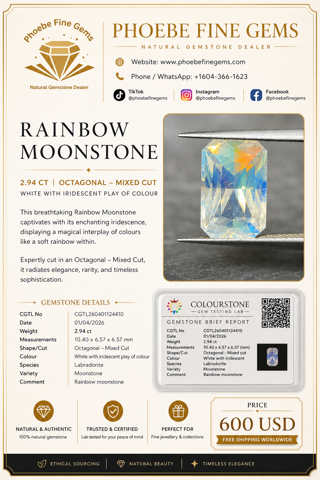 2.94 Ct Natural Rainbow Moonstone – Octagonal Mixed Cut | Iridescent Play of Colour | Certified Gemstone