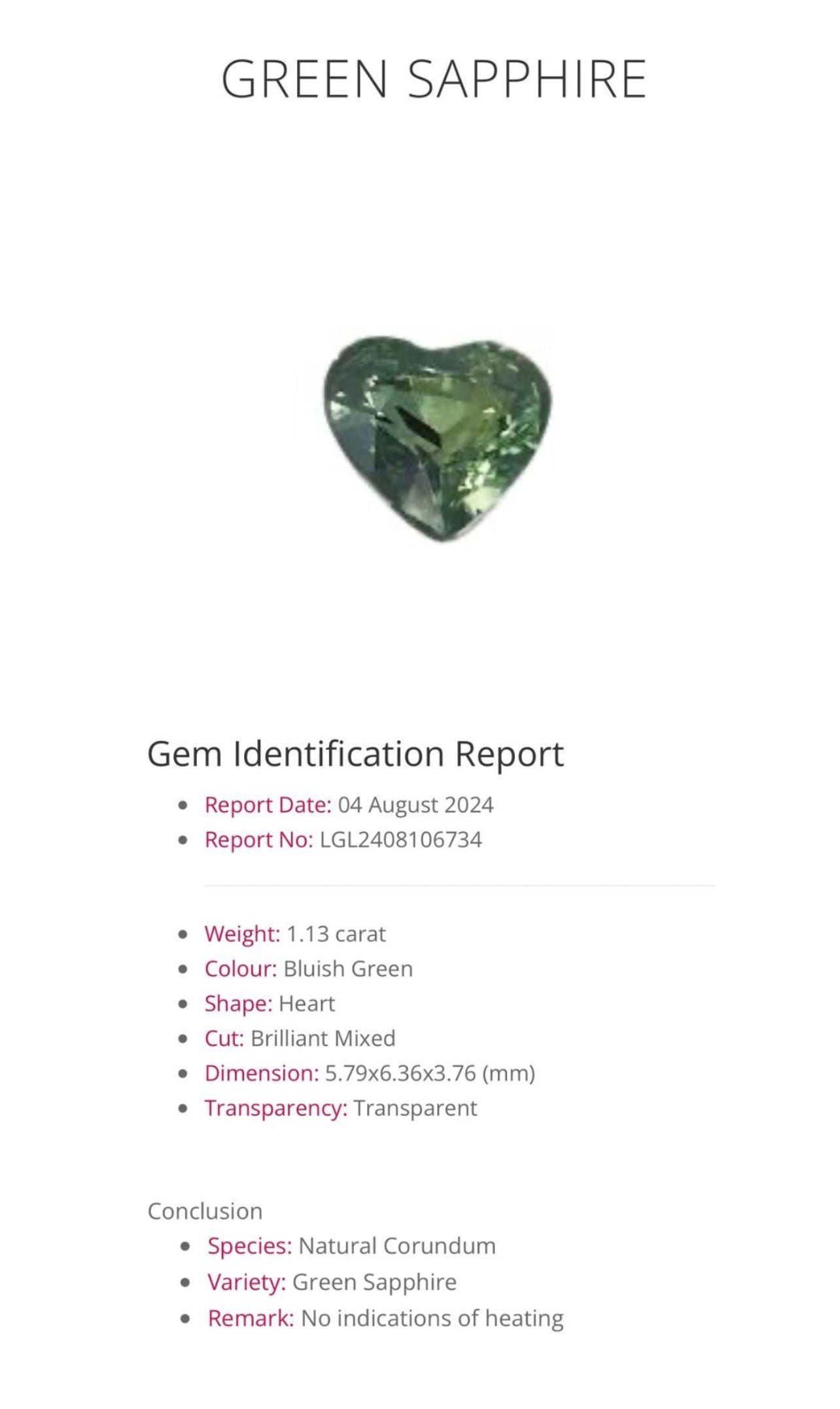 Natural Green Sapphire | 1.13ct | Heart shape | GIA alumni lab report provided