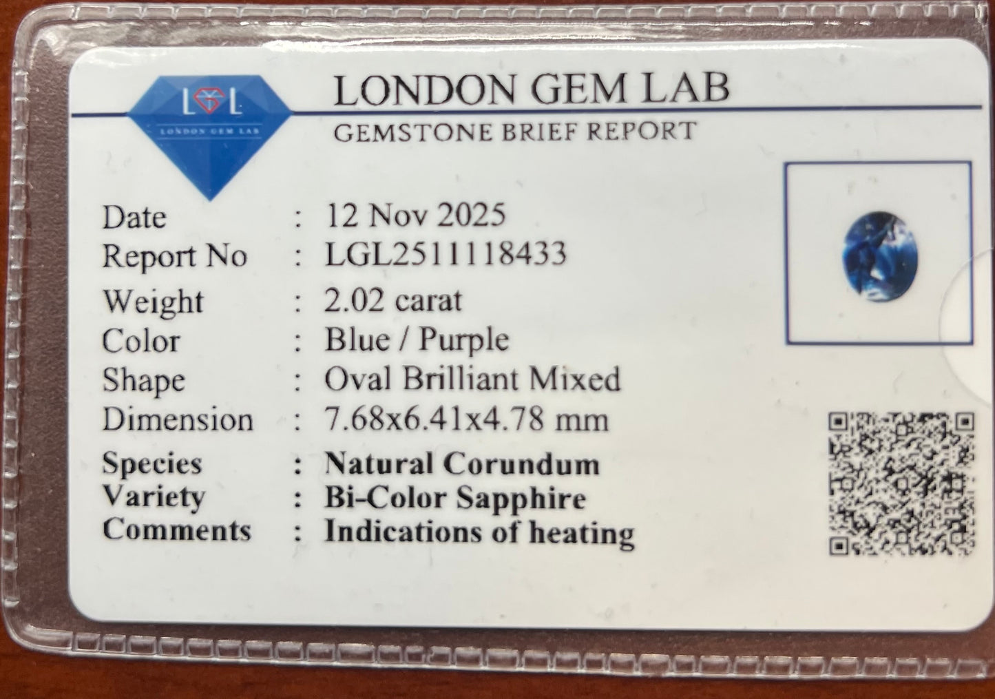 2.02 Carat Bi-Color Blue/Purple Sapphire – Natural Corundum – Certified