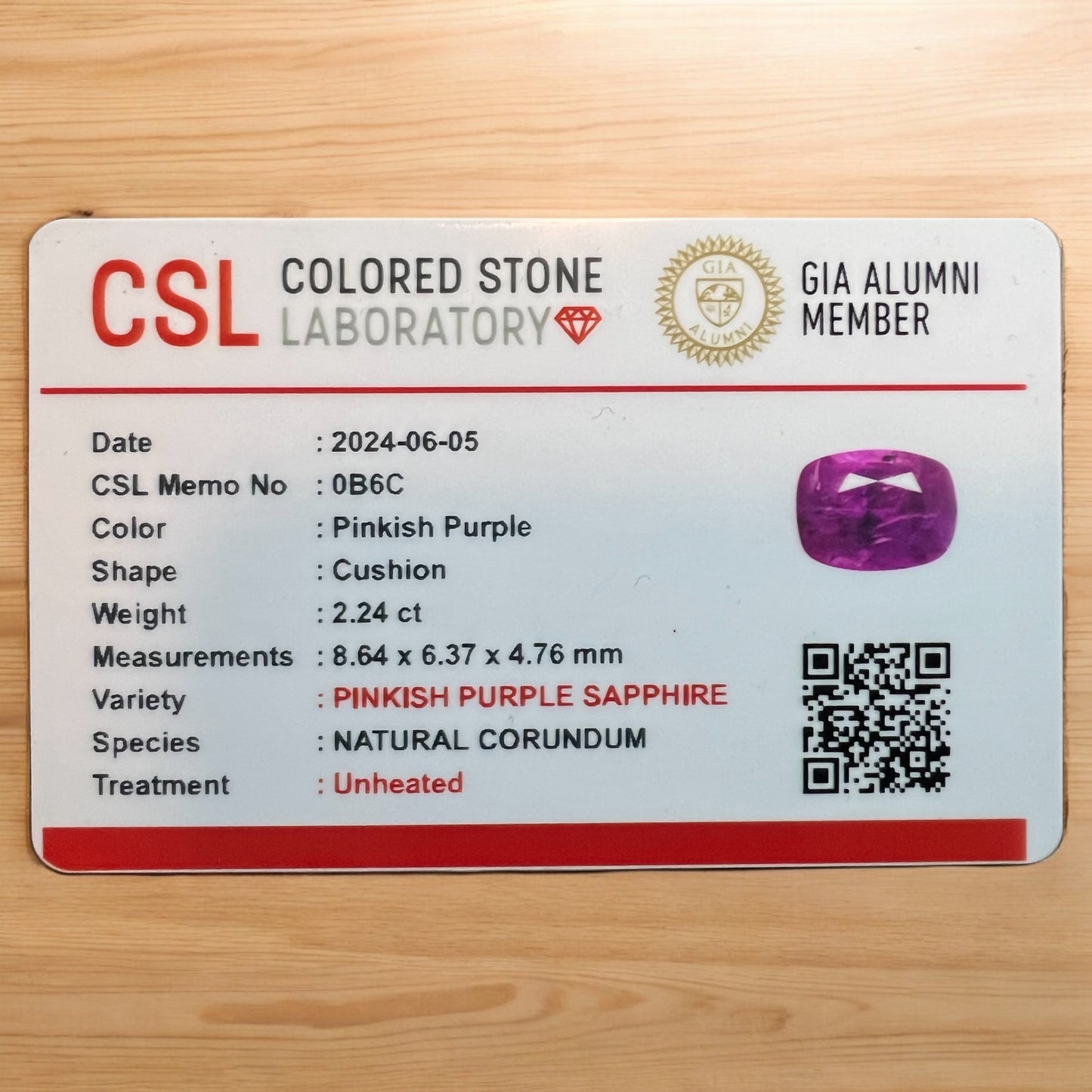 Natural Pink Sapphire | 2.24ct | Cushion Cut | Pinkish Purple Colour | Certificate of Authenticity provided