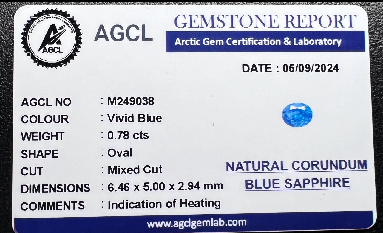 Natural Blue Sapphire | 0.78 ct | Oval Shaped | AGCL lab report provided