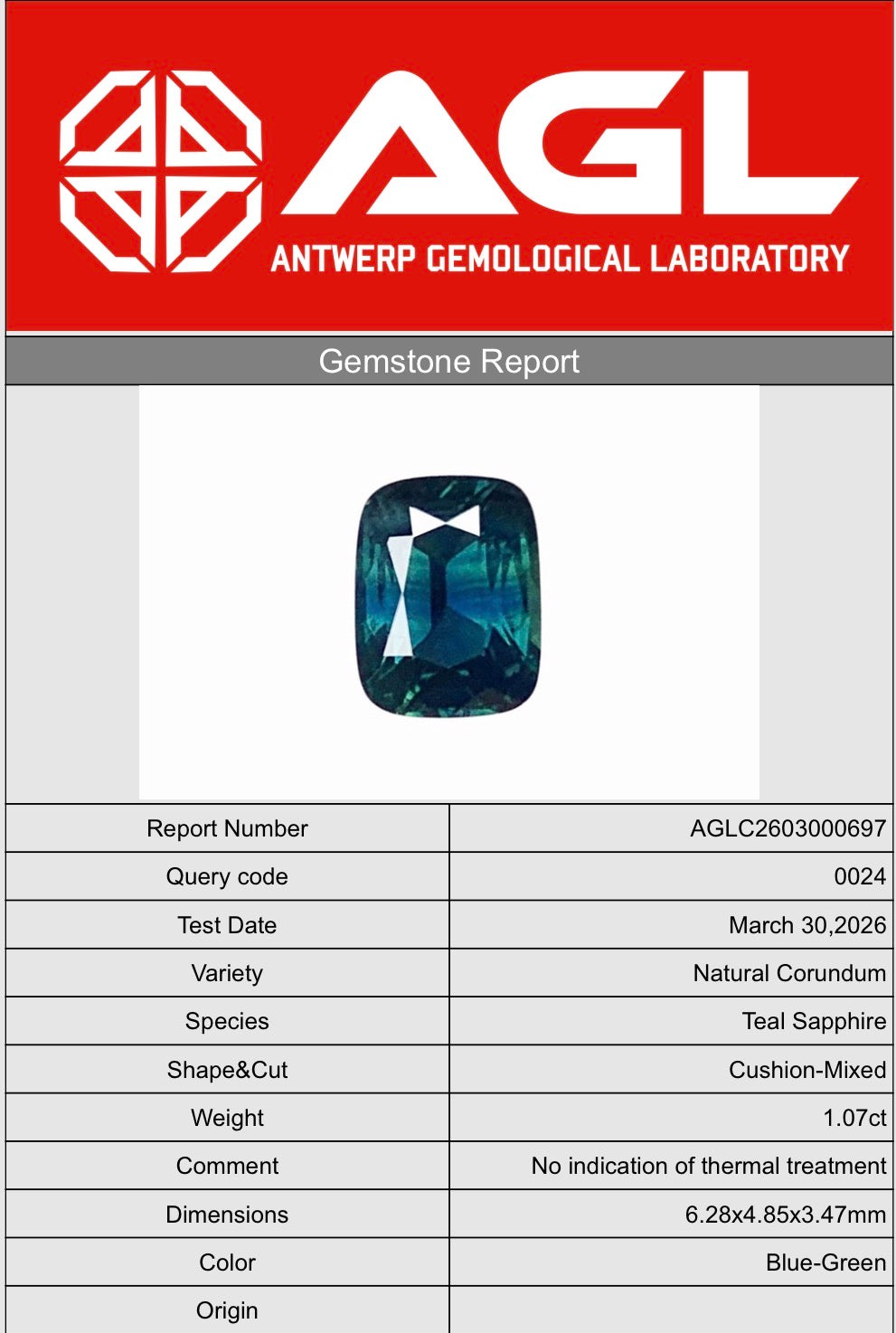 1.07ct Natural Teal Sapphire (Unheated) – Cushion Cut Blue-Green | AGL Certified Loose Gemstone