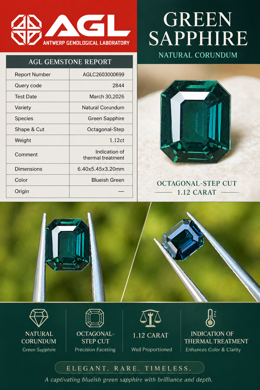 1.12ct Natural Green Sapphire (AGL Certified) Bluish Green Emerald Cut