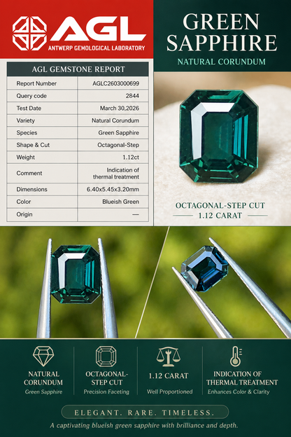 1.12ct Natural Green Sapphire (AGL Certified) Bluish Green Emerald Cut
