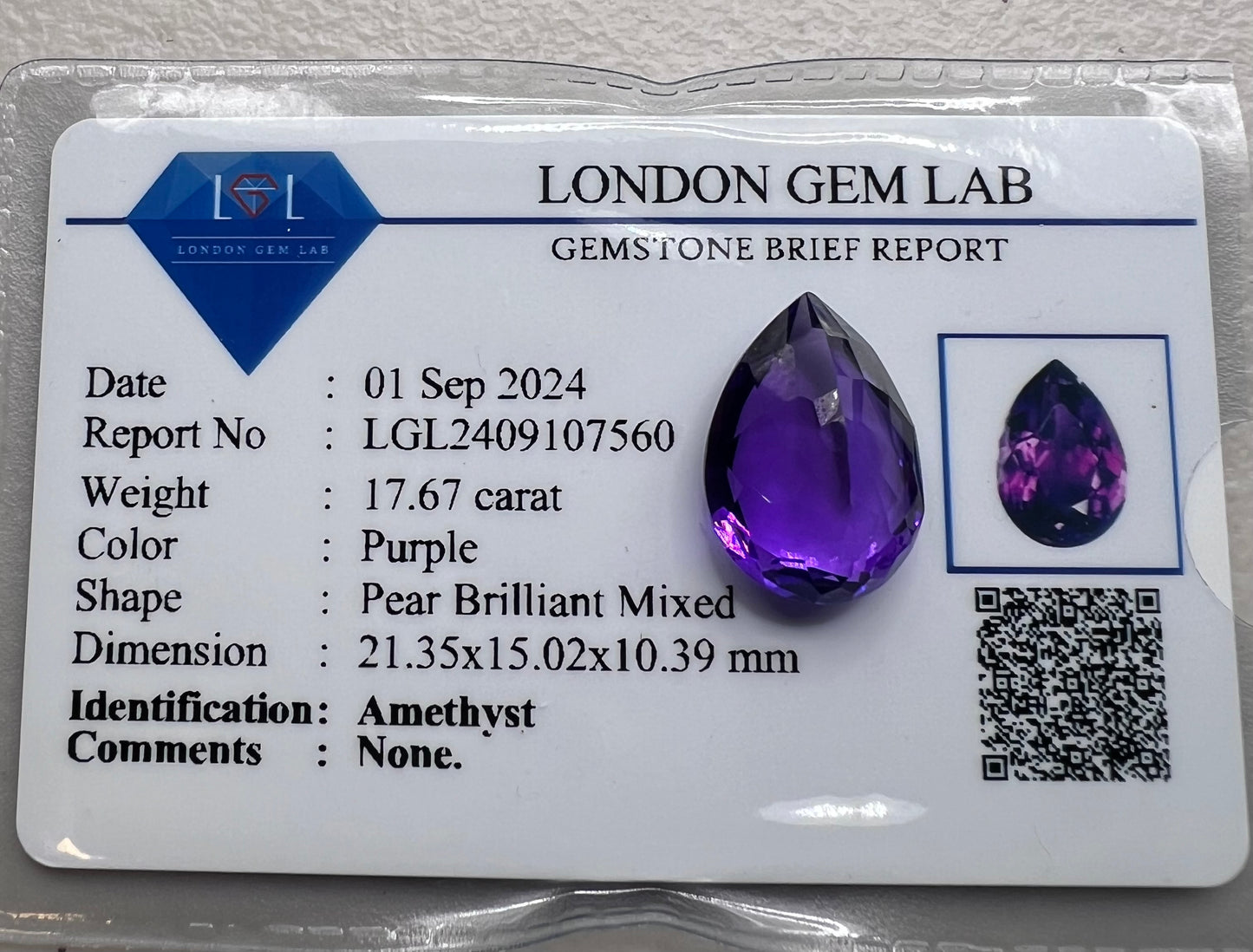 Natural Amethyst | 17.67 ct | Colour: Purple | Shape: Pear Brilliant Mixed
GIA Alumni Lab report provided