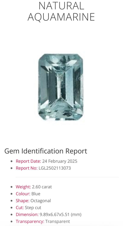 2.60 Ct Natural Aquamarine – Blue Octagon Step Cut (Certified) 9.89 x 6.67 mm