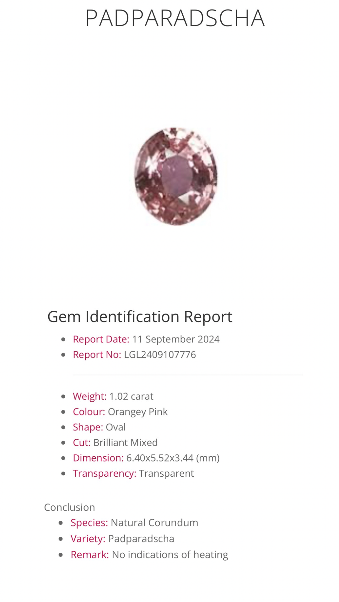 Natural Padparadscha Sapphire |1.02ct | Oval Shape | GIA Alumni Certificate provided