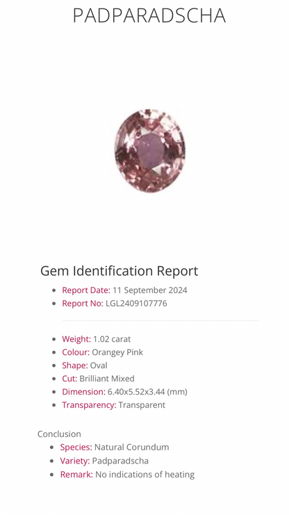 Natural Padparadscha Sapphire |1.02ct | Oval Shape | GIA Alumni Certificate provided