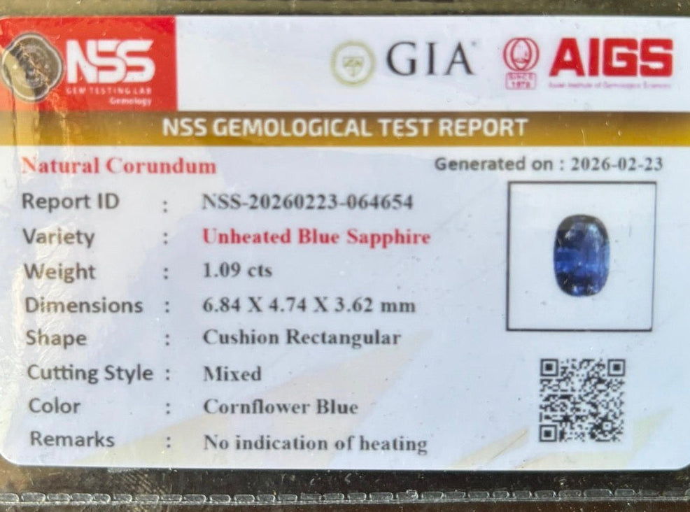 1.09ct Unheated Cornflower Ceylon Blue Sapphire – Natural Certified Cushion Cut Loose Gemstone