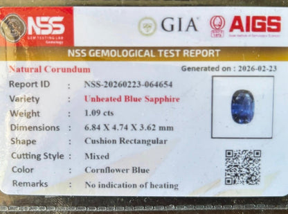 1.09ct Unheated Cornflower Ceylon Blue Sapphire – Natural Certified Cushion Cut Loose Gemstone