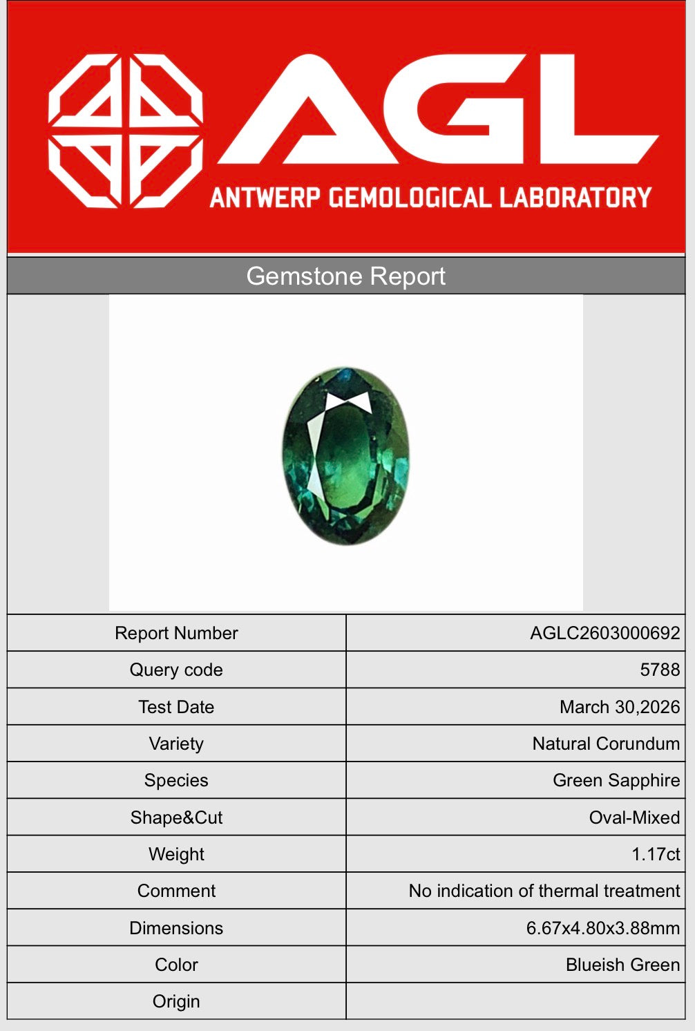 Natural Green Sapphire 1.17ct (No Heat) AGL Certified Oval Cut Bluish Green Gemstone
