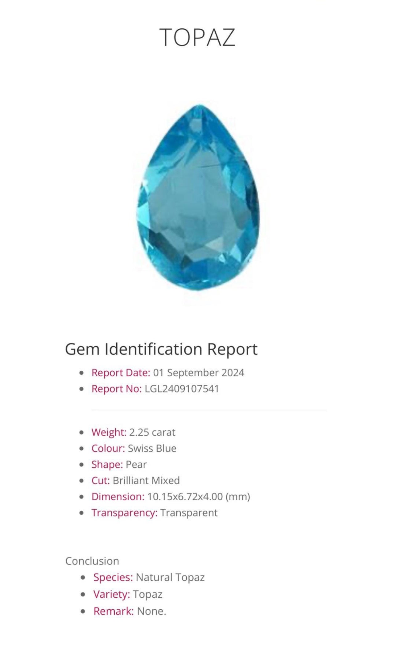 Natural Topaz | Swiss Blue Colour | 2.25ct | Pear Shaped | December birthstone  | Gift for Her | Anniversary gift | GIA Alumni report