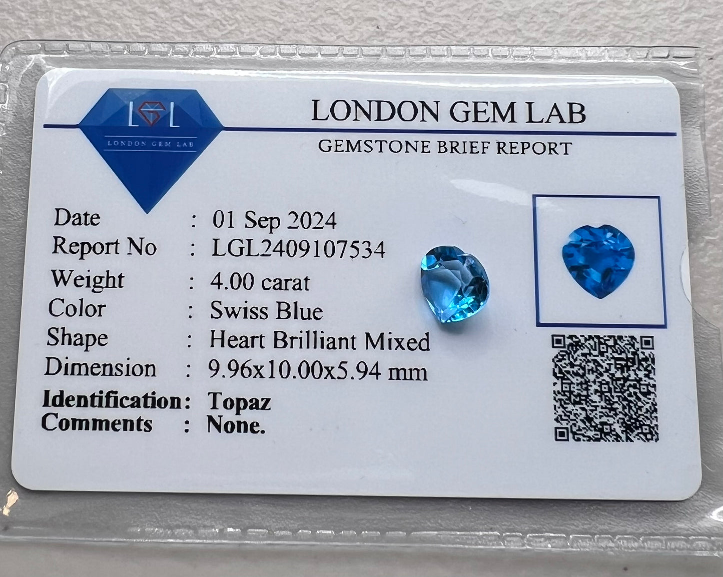 Natural Topaz | 4.00ct | Heart shaped | Swiss blue colour | GIA Alumni lab report provided