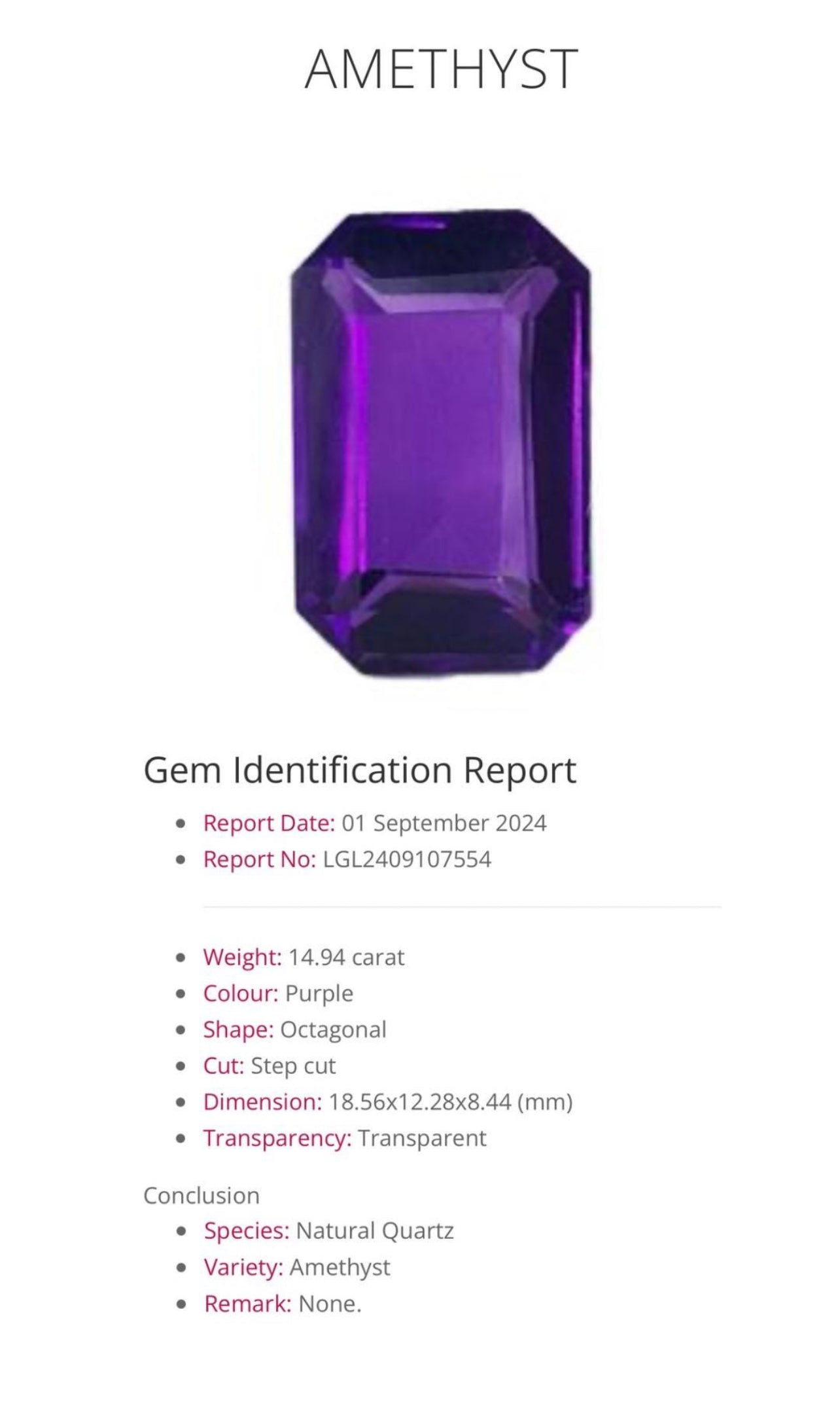 Natural Amethyst | 14.94 ct | Octagonal step cut | Purple colour | GIA Alumni lab report provided