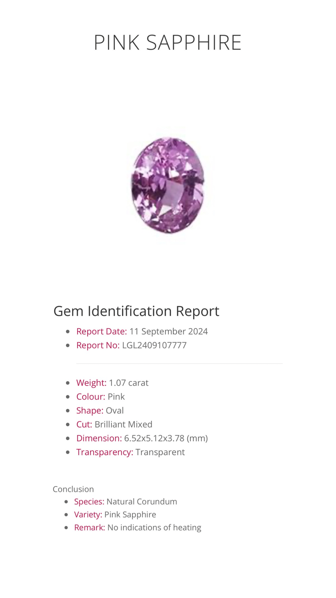 Natural Pink Sapphire | 1.07 ct | Oval shape | Unheated | Free GIA Alumni lab report