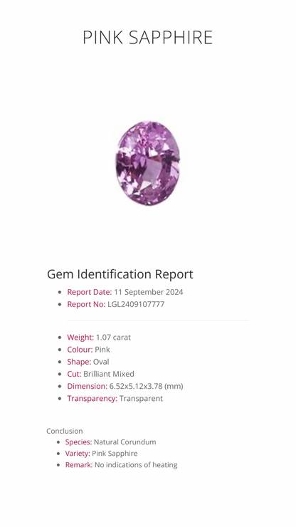 Natural Pink Sapphire | 1.07 ct | Oval shape | Unheated | Free GIA Alumni lab report