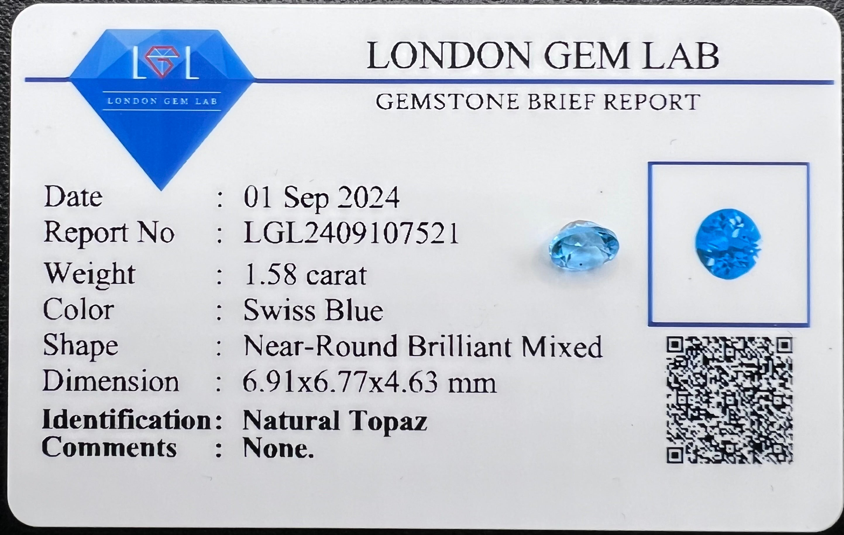 Natural Topaz | 1.58 ct | Swiss Blue Colour | Near-Round Brilliant Mixed |Dimension: 6.91x6.77x4.63 mm | GIA Alumni Lab Report Provided