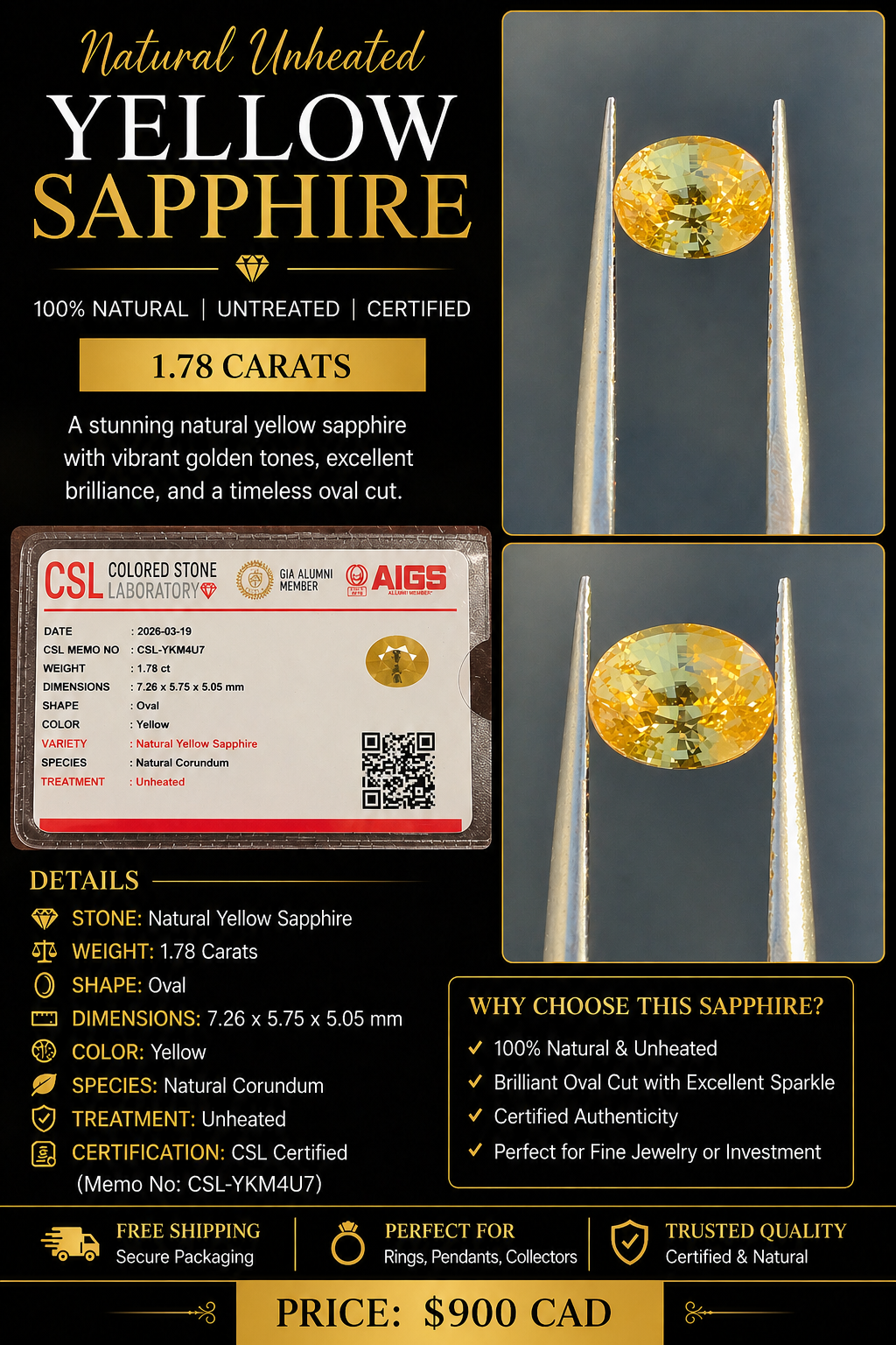 Natural Unheated Yellow Sapphire 1.78ct Oval Cut | Certified Loose Gemstone | Pukhraj
