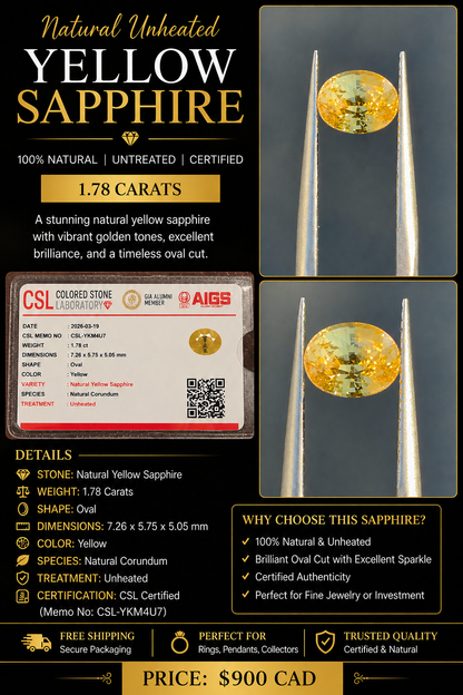 Natural Unheated Yellow Sapphire 1.78ct Oval Cut | Certified Loose Gemstone | Pukhraj