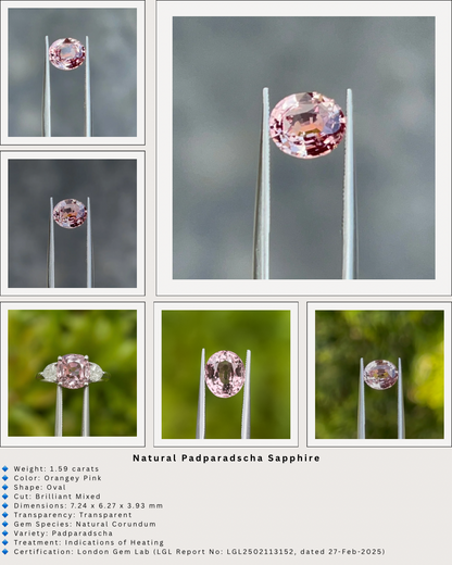 Certified 1.59ct Padparadscha Sapphire – Orangey Pink Oval Cut | Heated | Natural Corundum