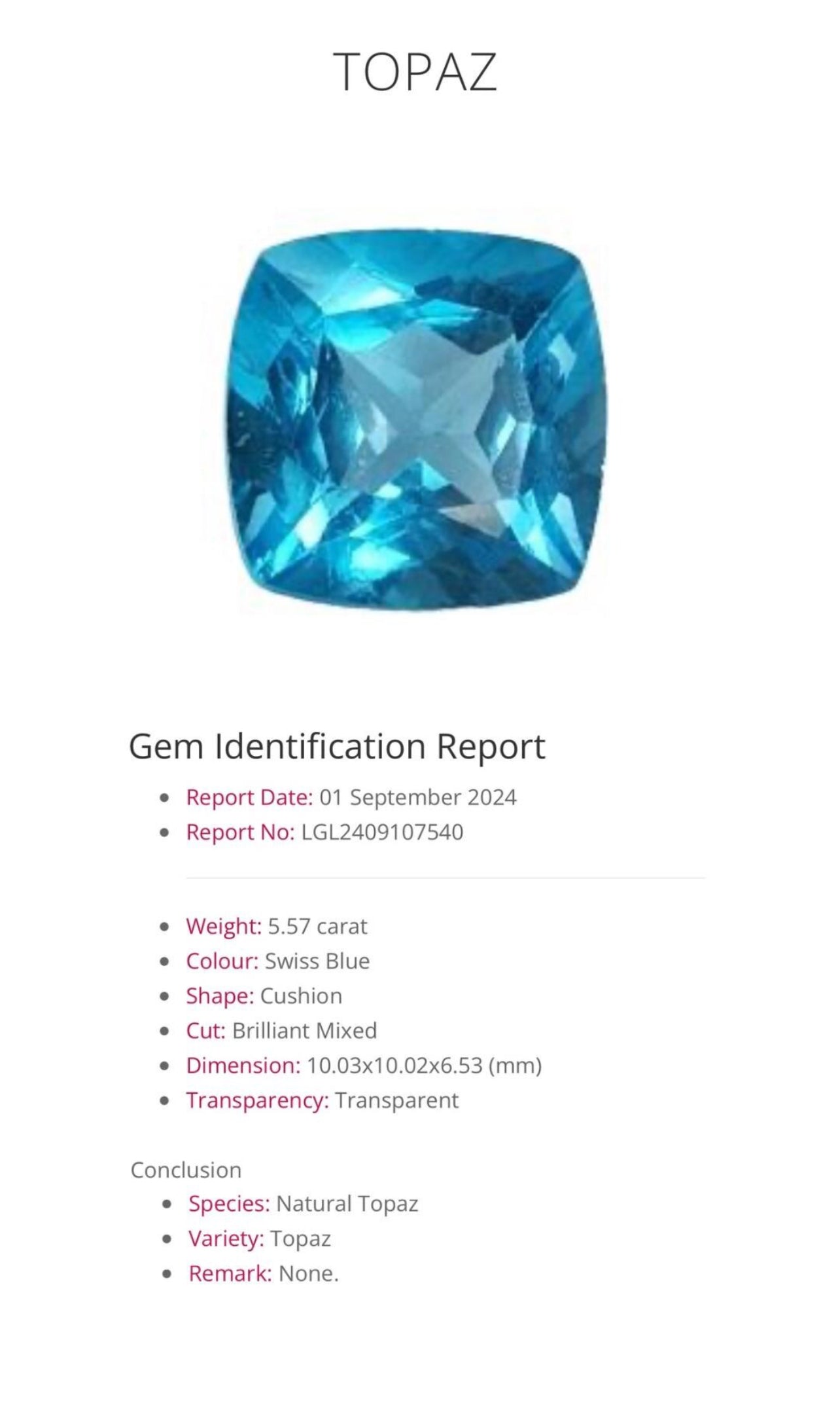 Natural Topaz | 5.57 ct | Cushion shape | Swiss Blue Colour | December Birthstone | GIA Alumni lab report provided