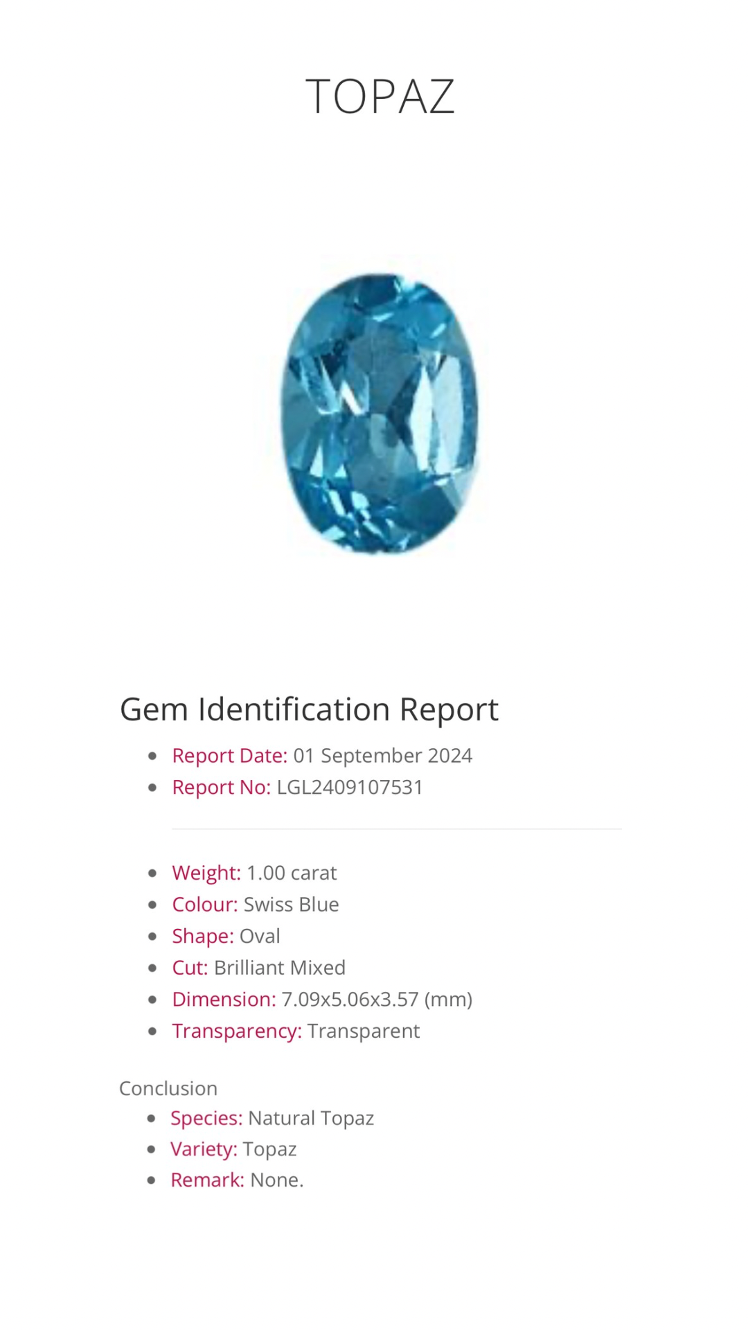 Natural Topaz | 1.00 ct | Oval shape | Swiss blue colour | December birthstone | GIA Alumni Report report provided ( Test Product )