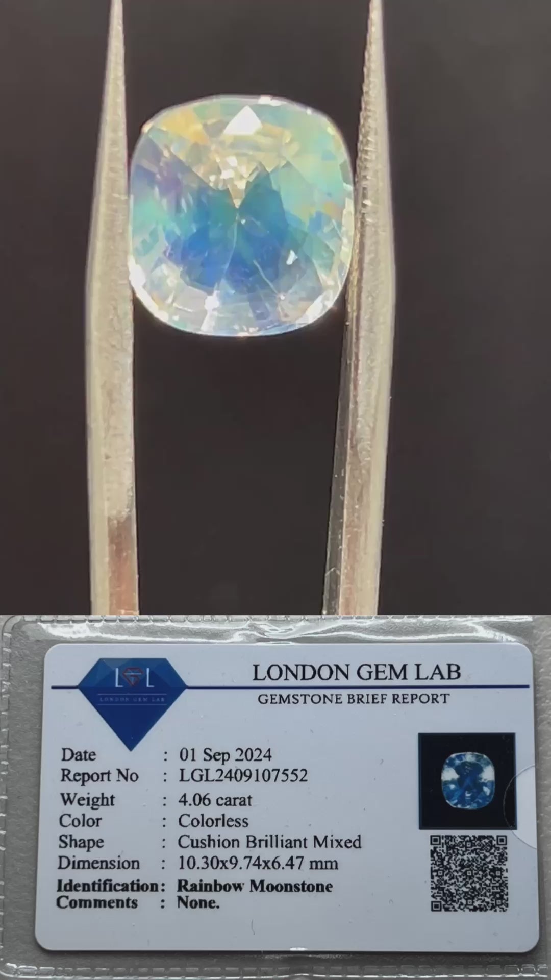 Natural Rainbow Moonstone | 4.06 ct | Cushion Brilliant Mixed | Colourless | GIA Alumni Lab Card Provided