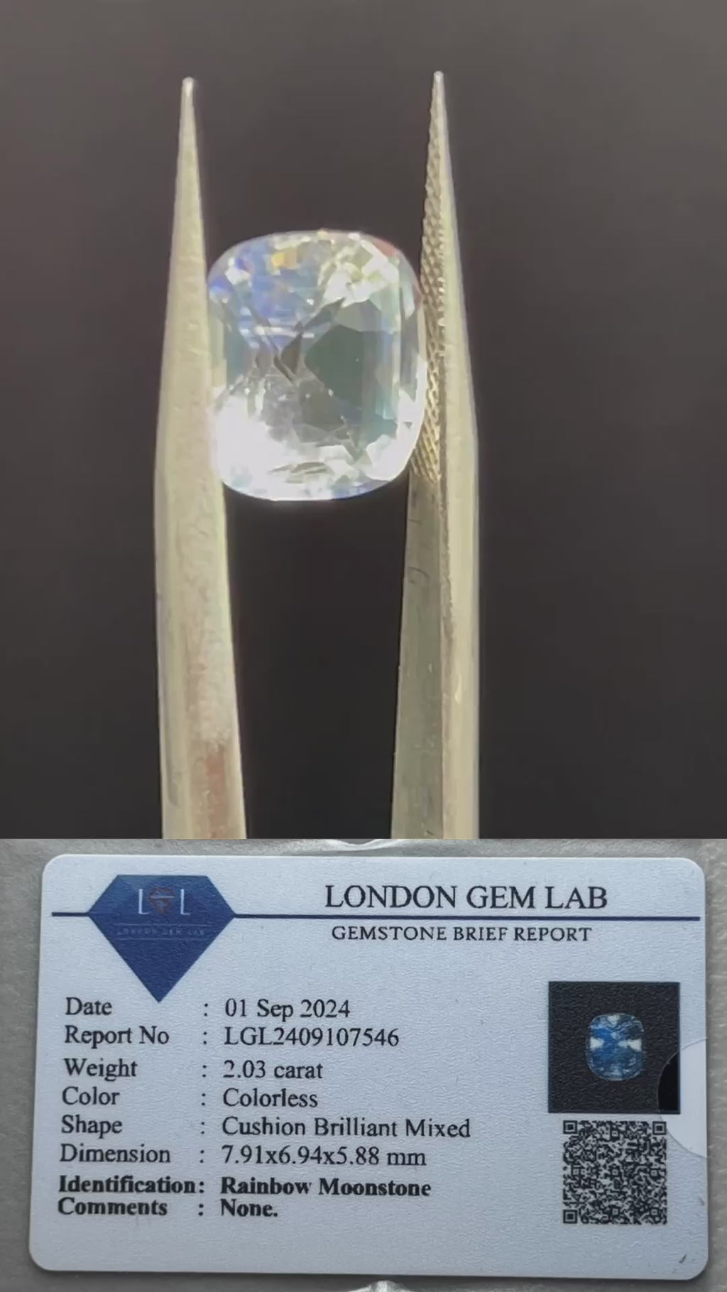 Natural Rainbow Moonstone | 2.03ct | Cushion Brilliant Mixed | Colourless | GIA Alumni Lab Card Provided