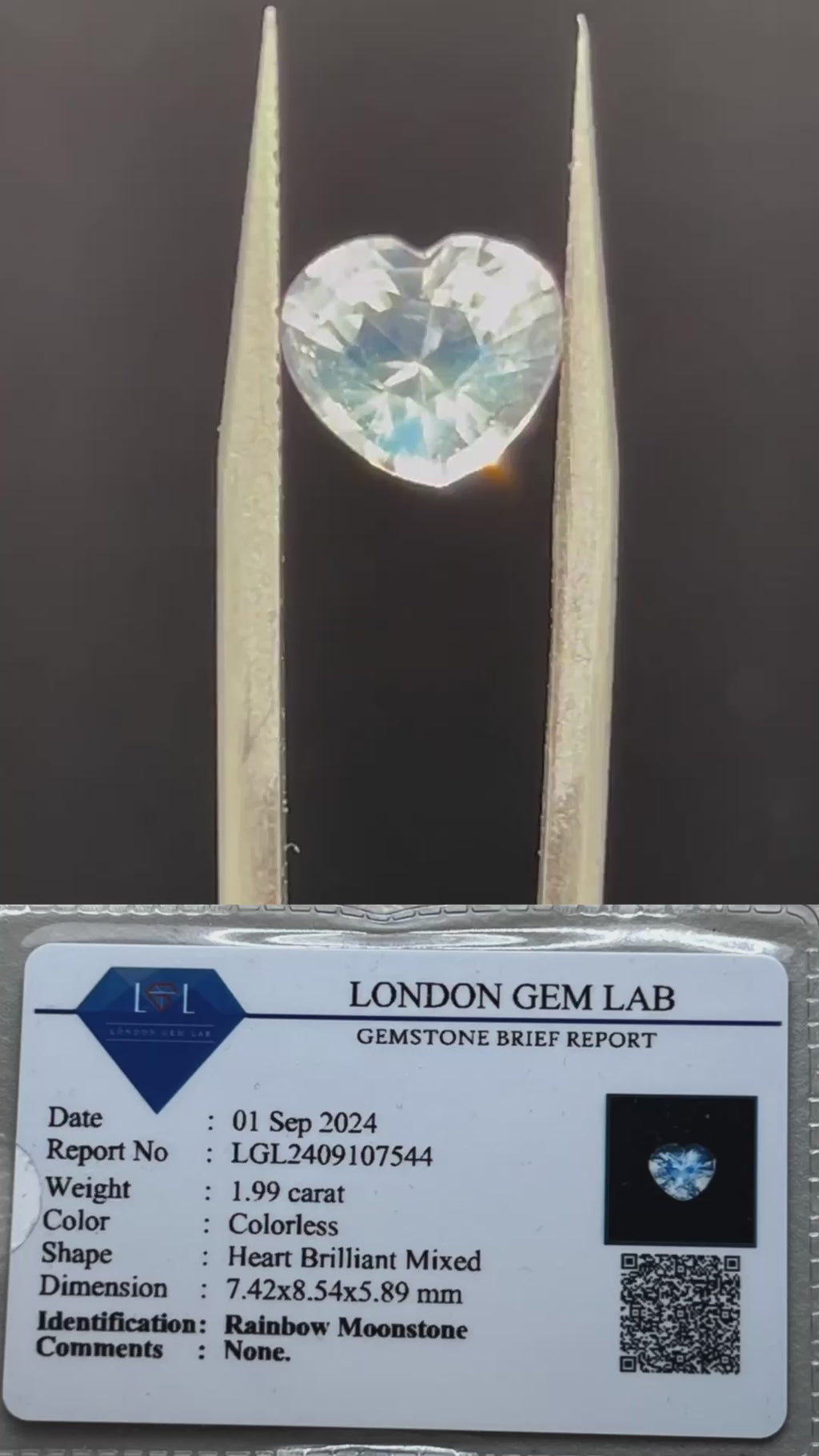 Natural Rainbow Moonstone | 1.99 carat | Colorless | Shape - Heart Brilliant Mixed | Dimension - 7.42x8.54x5.89 mm | GIA alumni certificate provided