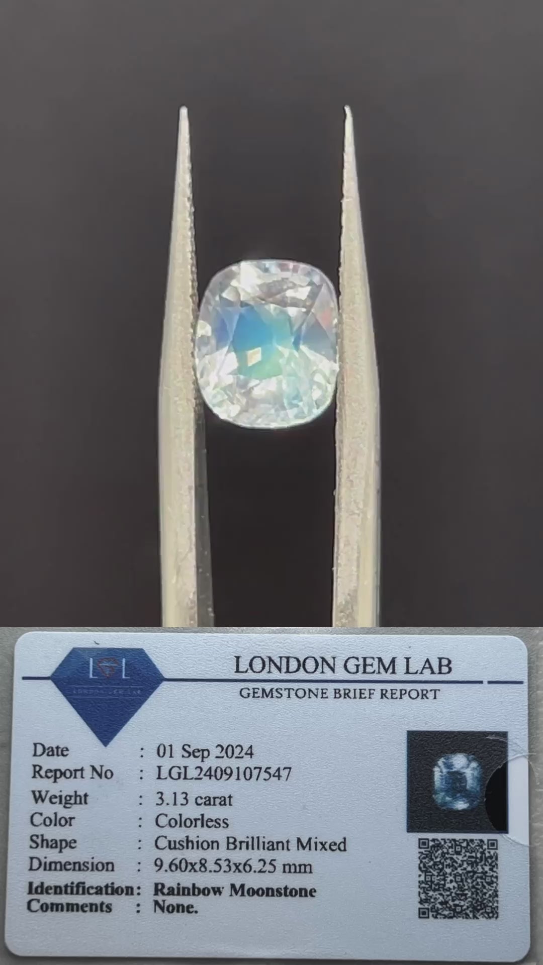 Natural Rainbow Moonstone | 3.13 ct | Cushion Brilliant Mixed | Colourless | GIA Alumni Lab Card Provided