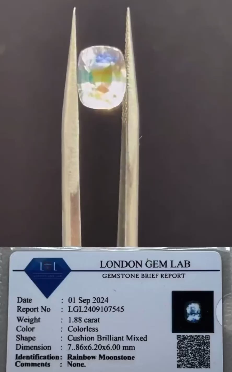Natural Rainbow Moonstone | 1.88ct | Cushion Brilliant Mixed| GIA alumni lab card included